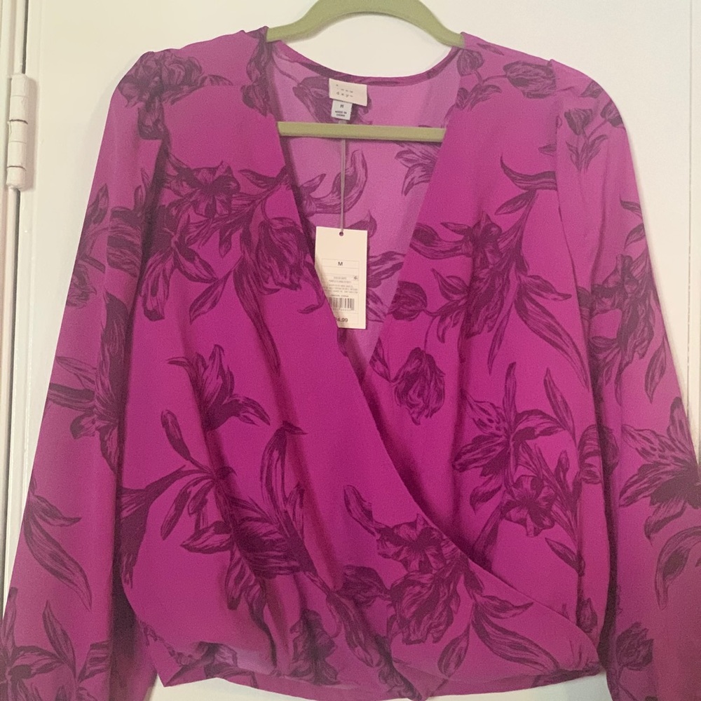 Faux wrap long  sleeves floral blouse